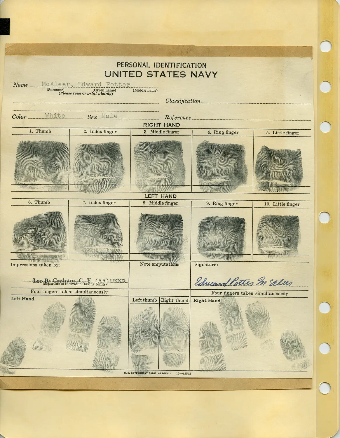 U.S. Navy Personal Identification Fingerprint Card for Edward Potter McAleer