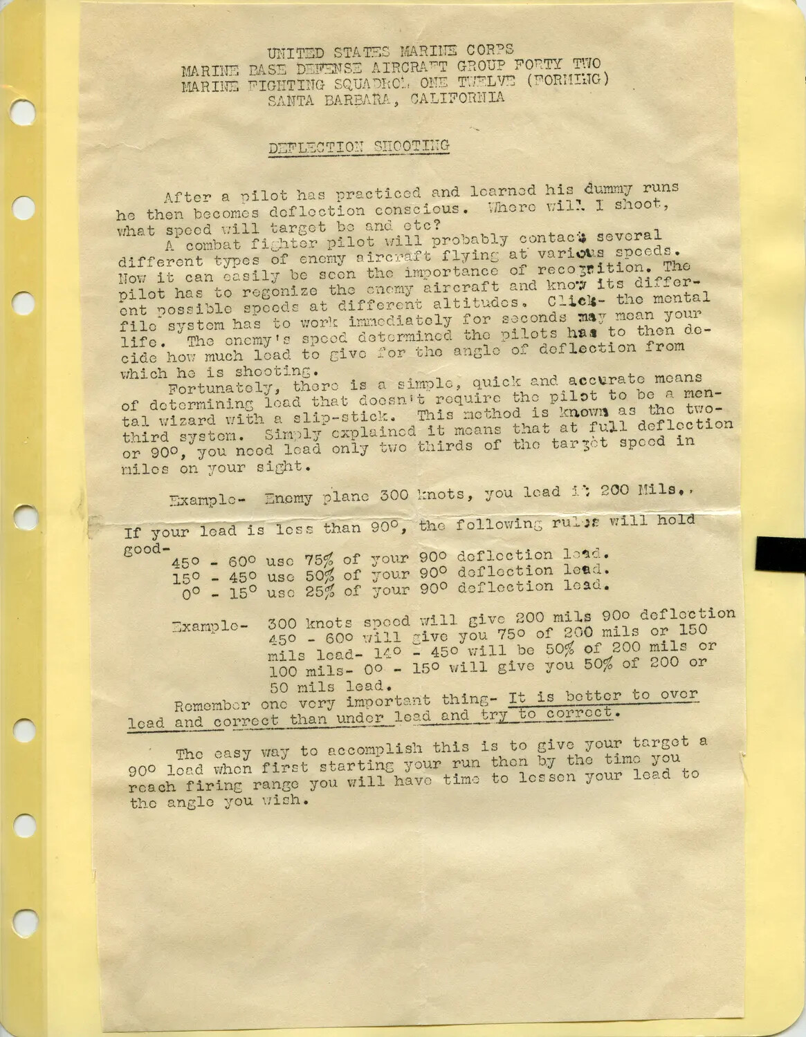 VMF-112 Training Document: "Deflection Shooting," Santa Barbara, California