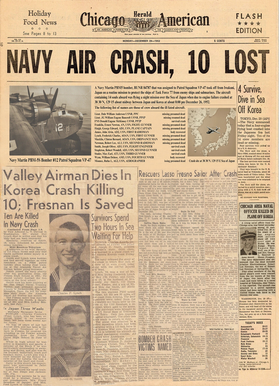 Chicago Herald American Front Page, 'Navy Air Crash, 10 Lost' - December 29, 1952