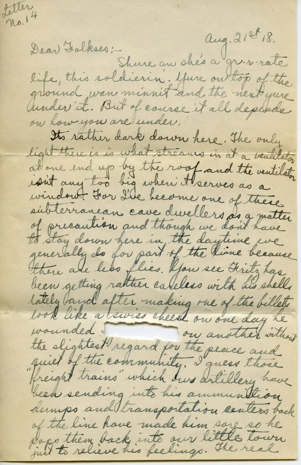 WWI Letter No. 14, Pvt. Willis W. Wagener to Family, August 21, 1918 — Page 1