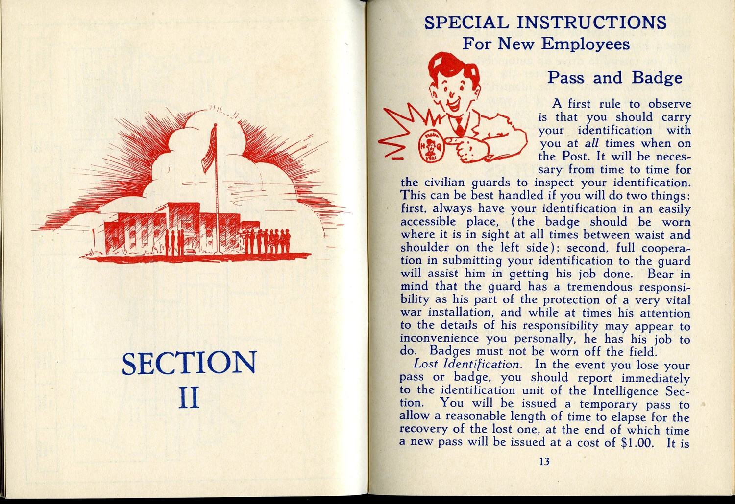 Page from McClellan Field New Employee Guide Booklet, Section II: Pass and Badge Instructions