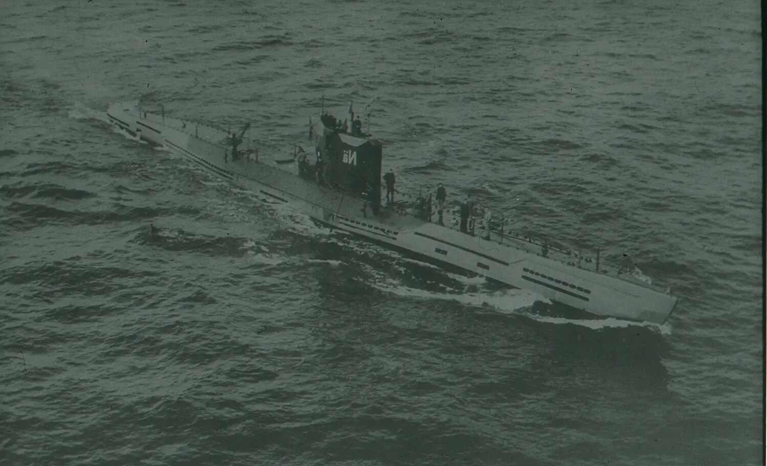 Aerial View of Surfaced Submarine with Deck Crew, WWII-Era 35mm Negative