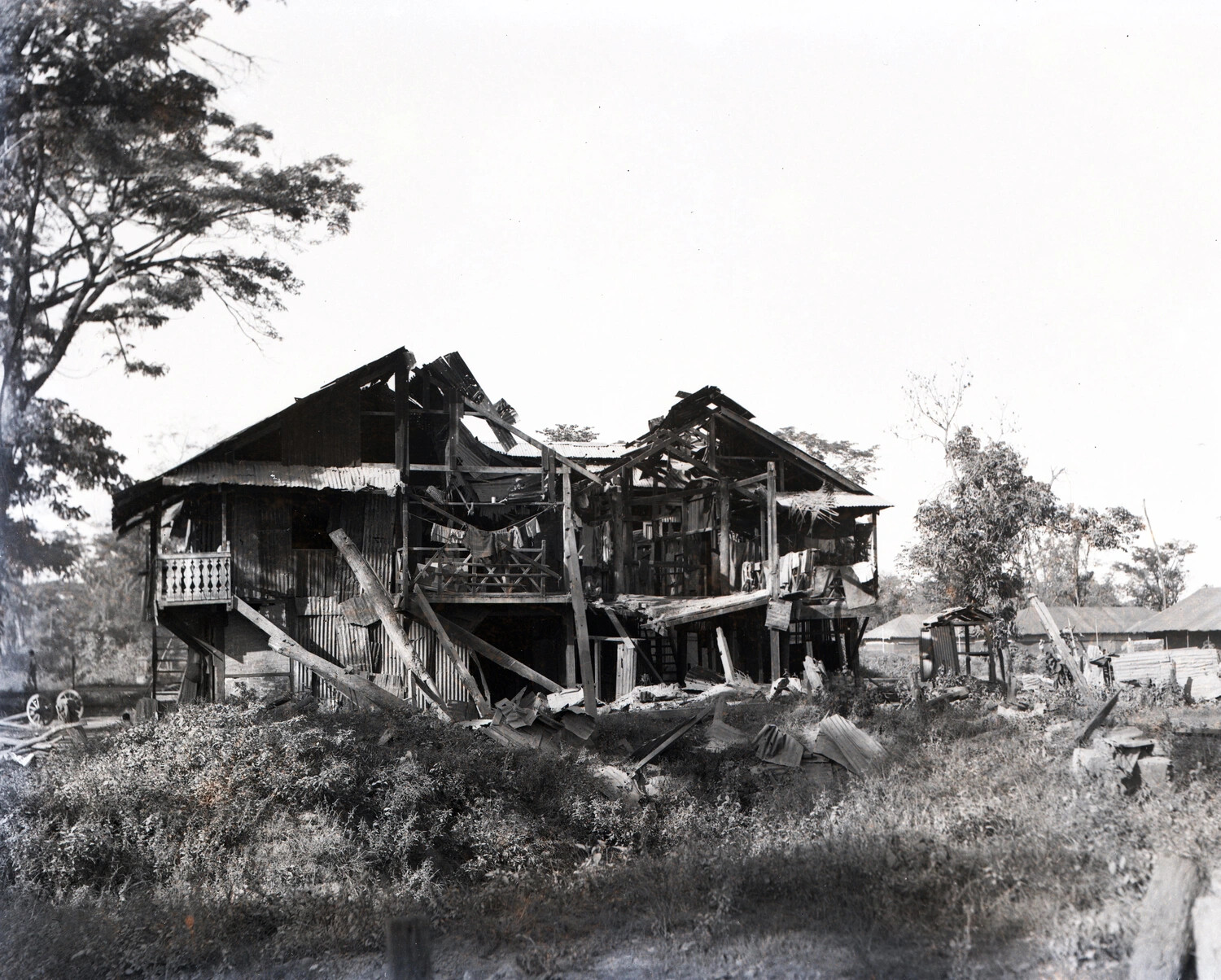 War-Damaged Elevated Wooden Building, Burma, World War II
