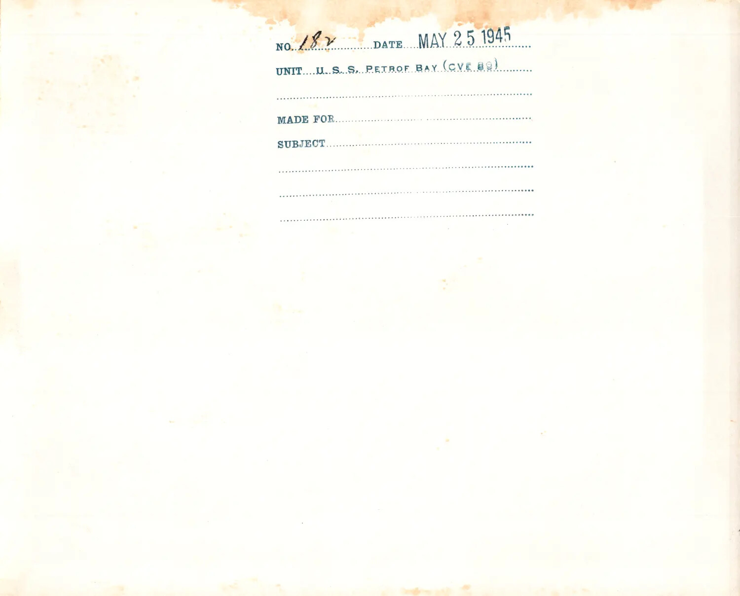 Verso of Official U.S. Navy Photograph, U.S.S. Petrof Bay, May 1945