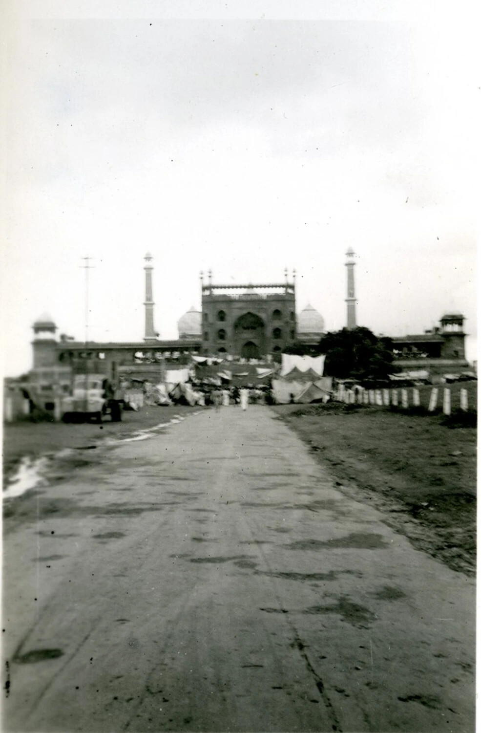 Distant View of Monumental Mosque Gateway with Twin Minarets, Likely Jama Masjid, Delhi, India, WWII CBI Theater