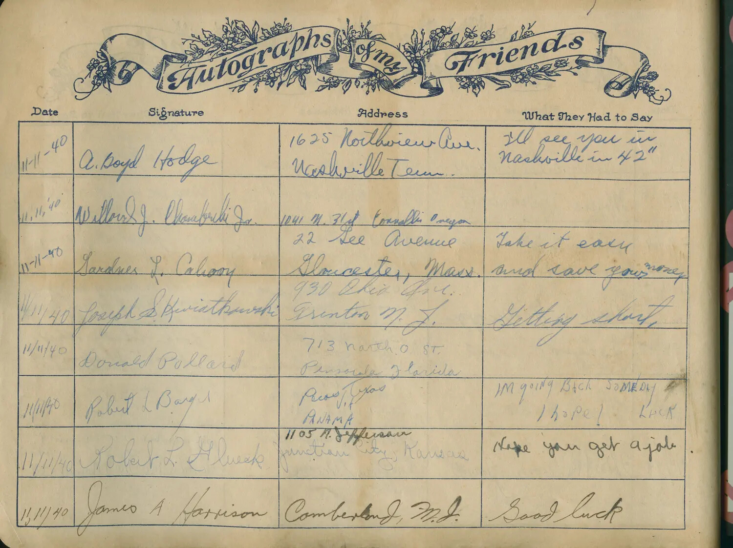 "Autographs of My Friends" Album Page, November 11, 1940 (WWII Canal Zone Collection)