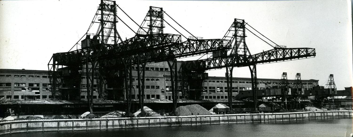 German Industrial Coal/Ore Loading Facility with Gantry Cranes, Syndikat Building, WWII Era