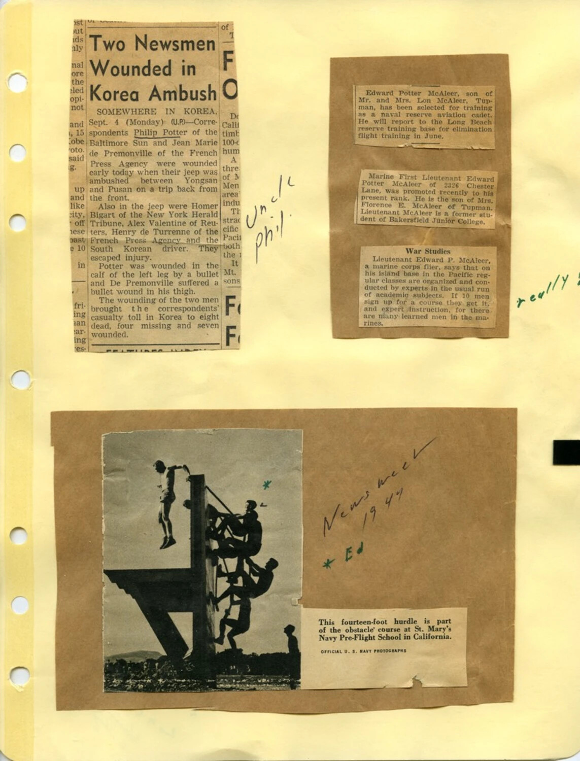 McAleer Family Scrapbook Page: WWII/Korean War Newspaper Clippings and Naval Aviation Training Photo