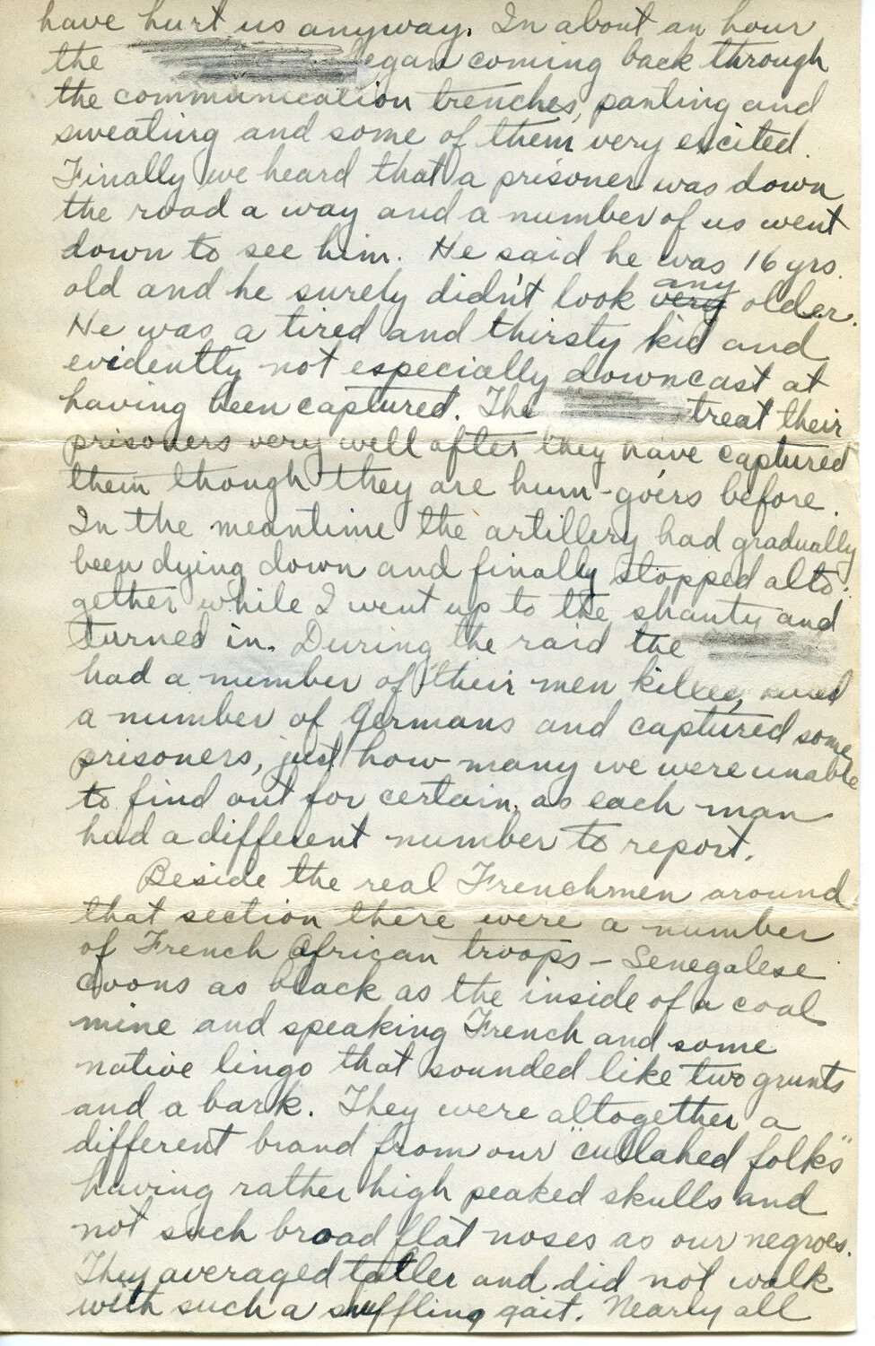 WWI Letter, Pvt. Willis W. Wagener, 'Letter 5' Page I -- Trench Raid Account and Observations of Senegalese Troops