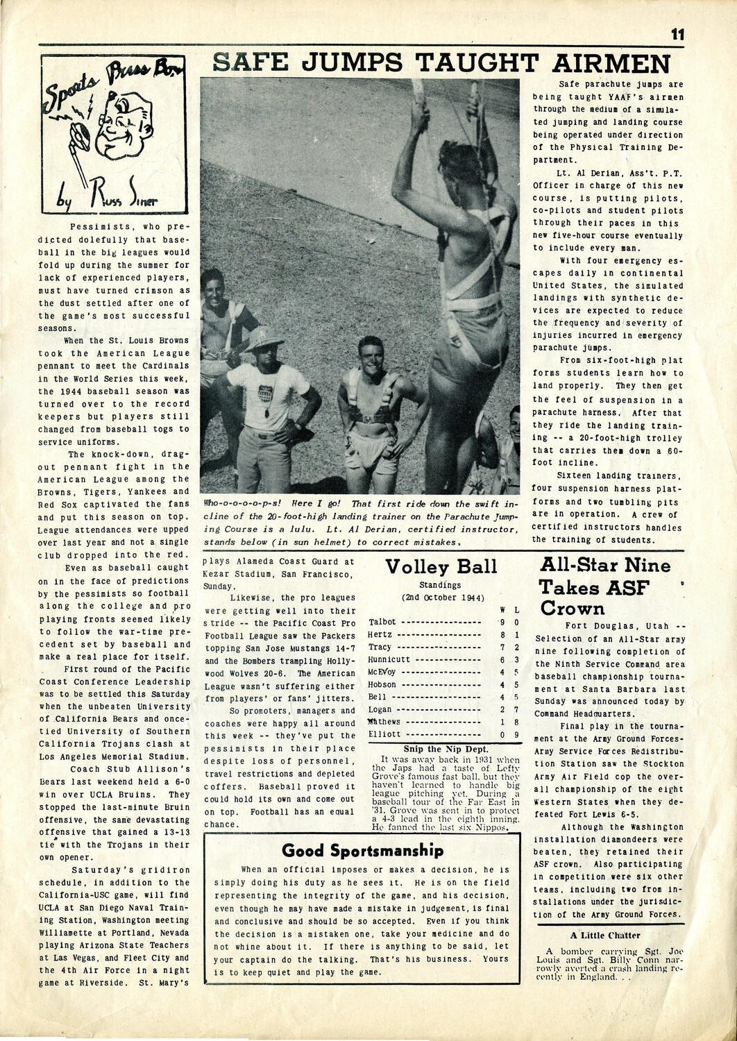 'Safe Jumps Taught Airmen' - Sports and Training Page, The Actioneer, Yuma Army Air Field, 1944