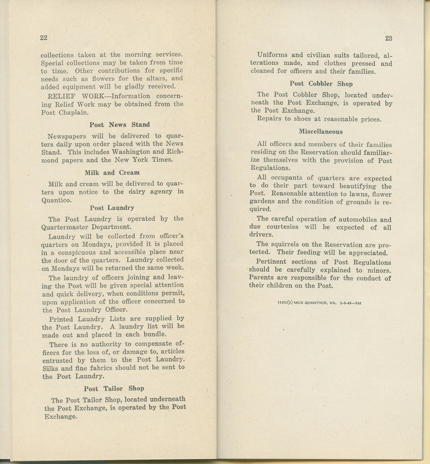Marine Corps Schools, Quantico, VA — Post Information Booklet, Pages 22-23 (1944)