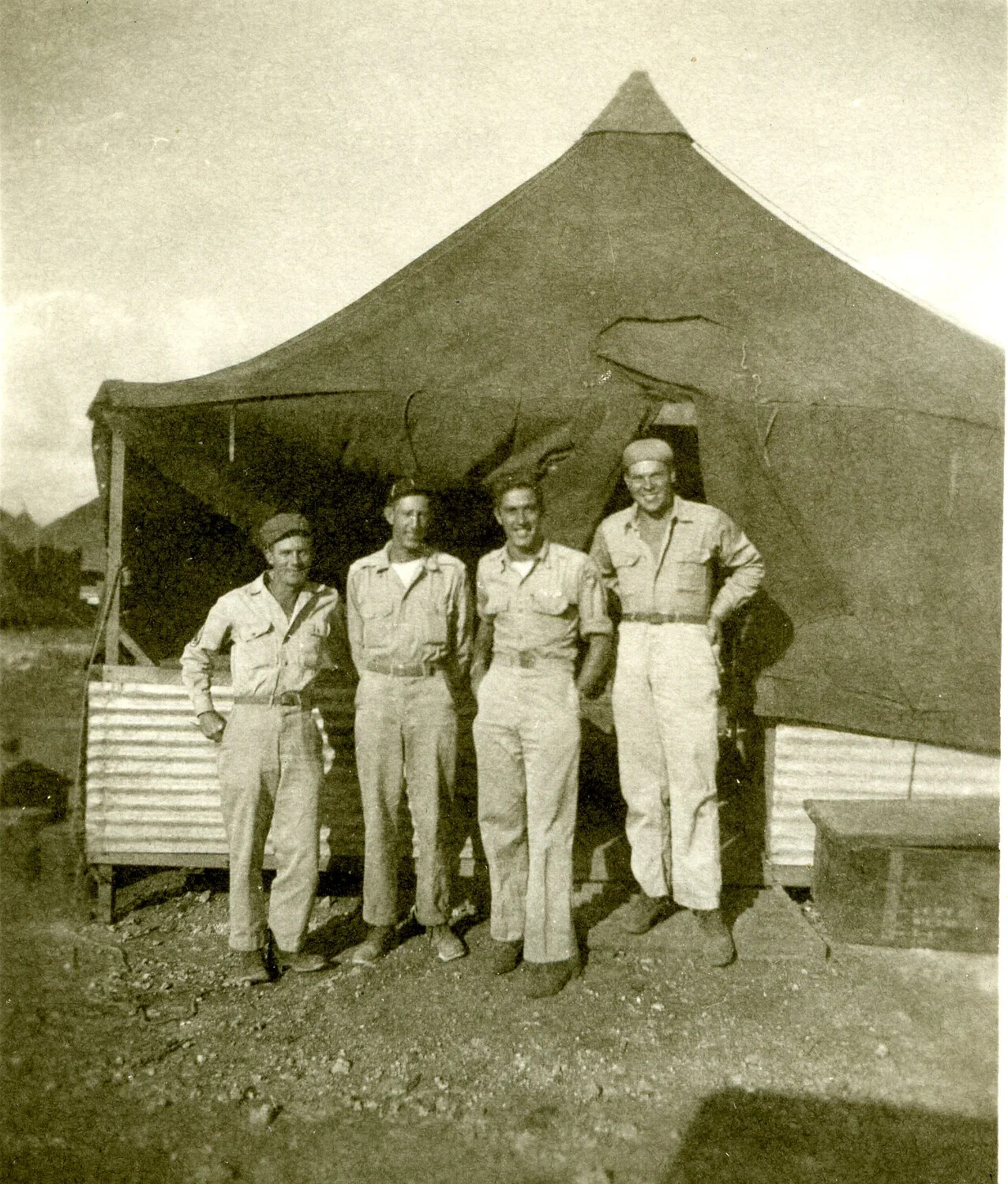 Four Airmen Posed Before Tent Quarters with Corrugated-Metal Siding, 345th Bomb Group, Ie Shima, 1945
