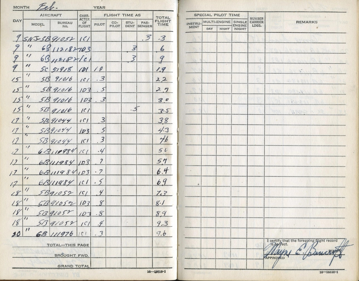 Pilot Flight Log Book Pages, February (Year Unspecified) - SNJ Trainer Flights, Lt. Wayne E. Bancroft Korean War Collection