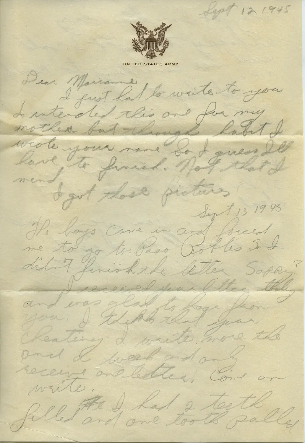 Handwritten Personal Letter on U.S. Army Letterhead, Dated September 12-13, 1945