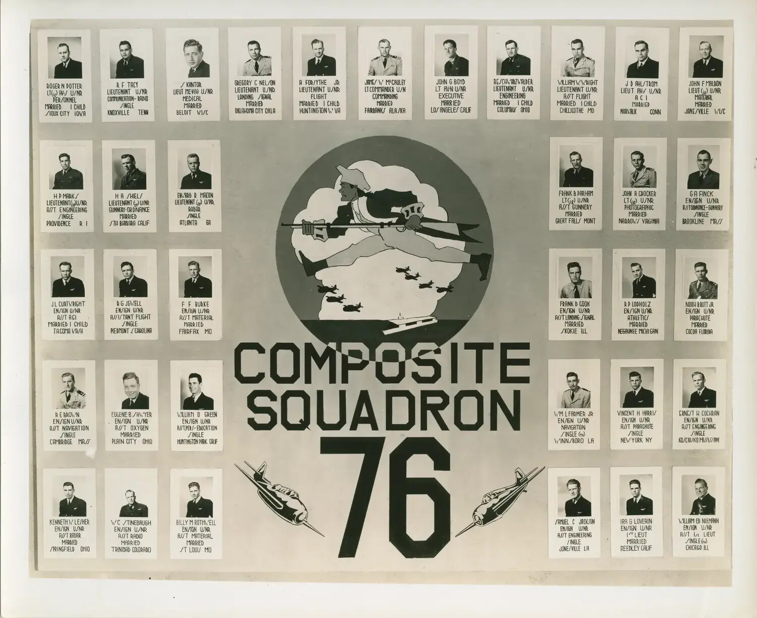 Composite Squadron 76 (VC-76) Officer Roster Composite Photo Board, USS Petrof Bay (CVE-80), WWII