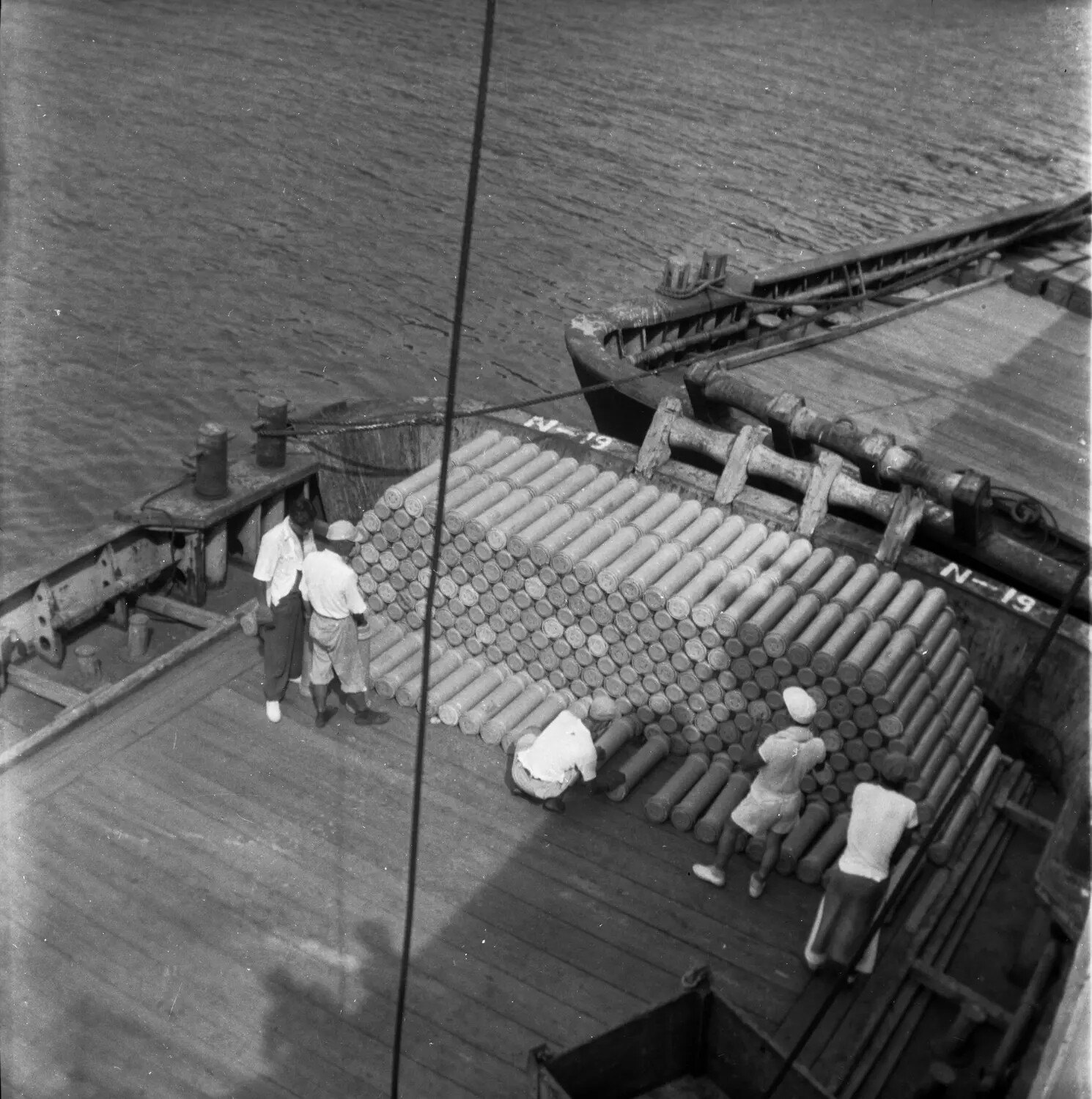 Harbor Barge 'N-19' Loaded with Cylindrical Cargo, Sasebo, Japan