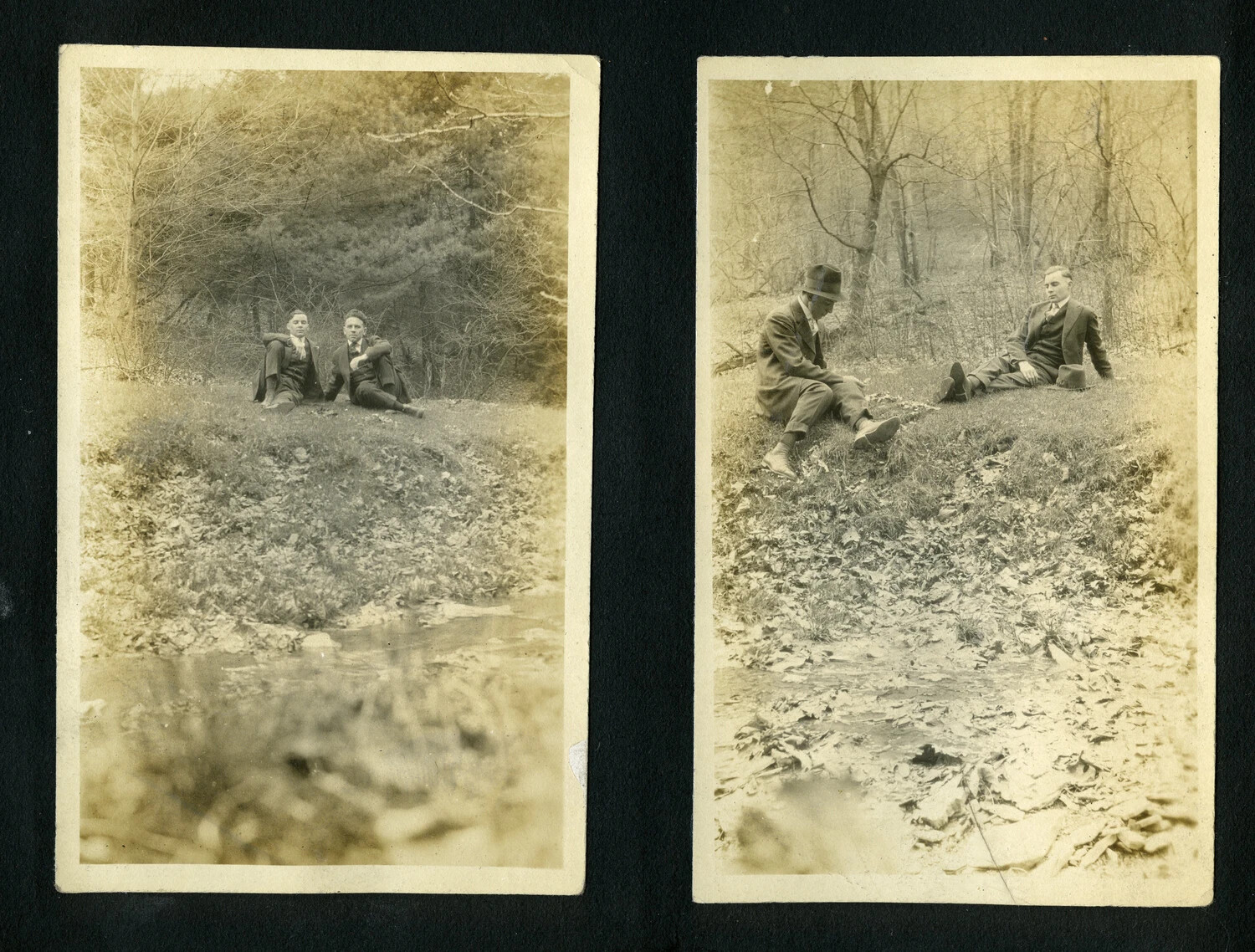 Two Young Men Seated by a Woodland Stream, 1920s Era Snapshot Album Page
