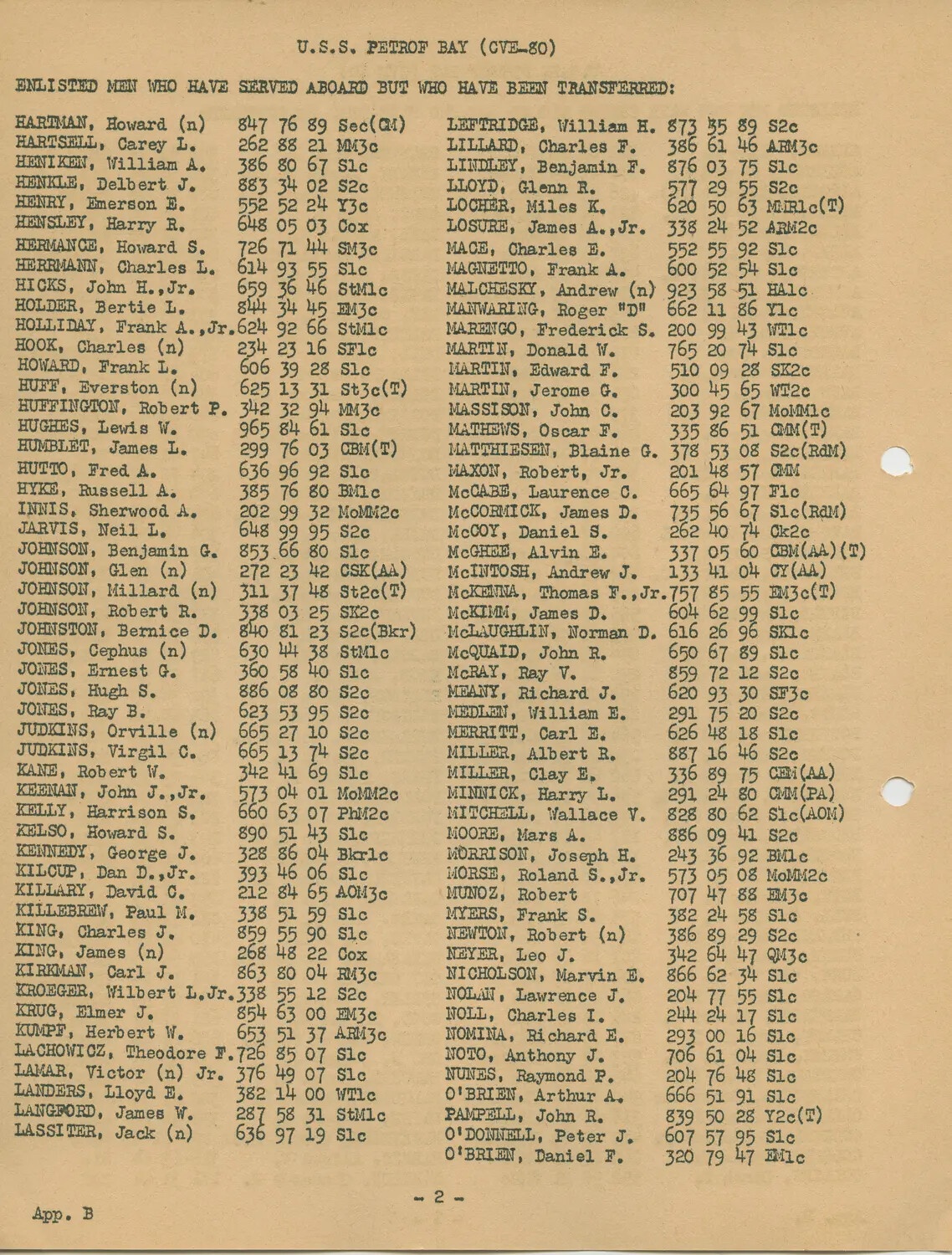 USS Petrof Bay (CVE-80) Enlisted Personnel Transfer Roster, Page 2, Appendix B