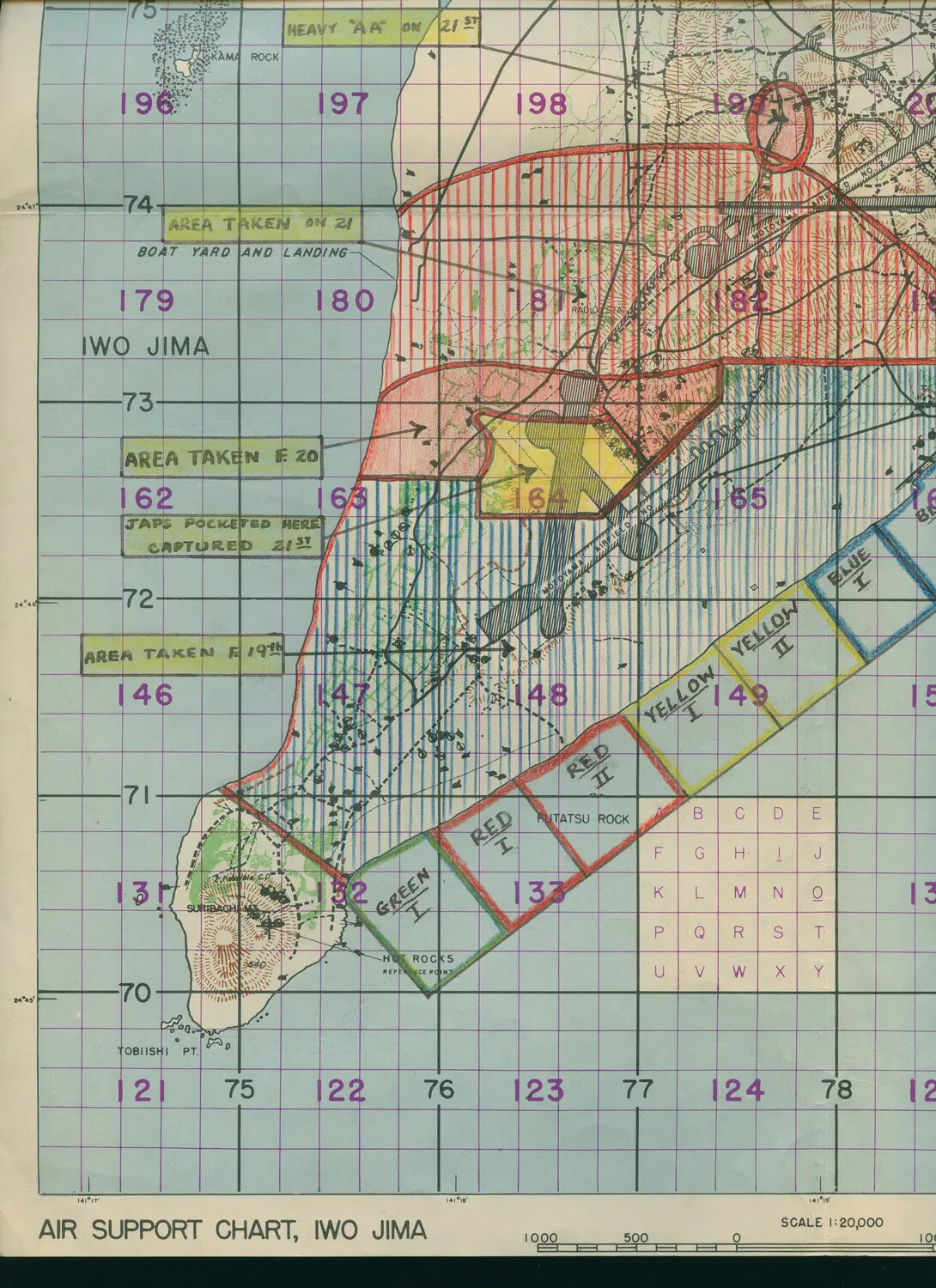 Air Support Chart, Iwo Jima - Annotated Grid Map Showing Landing Beaches and Daily Front Lines, February 1945