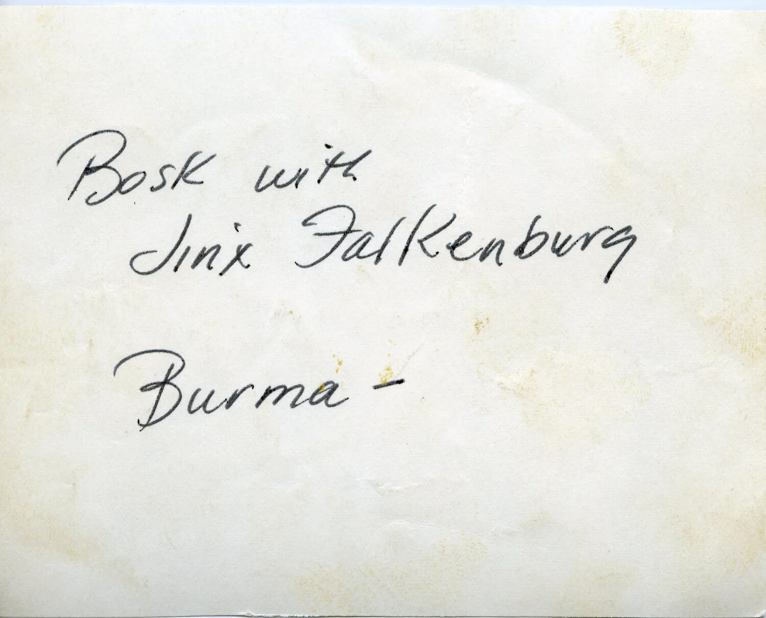 Verso Caption: 'Bosk with Jinx Falkenburg, Burma' — CBI Theater Photograph Back, WWII