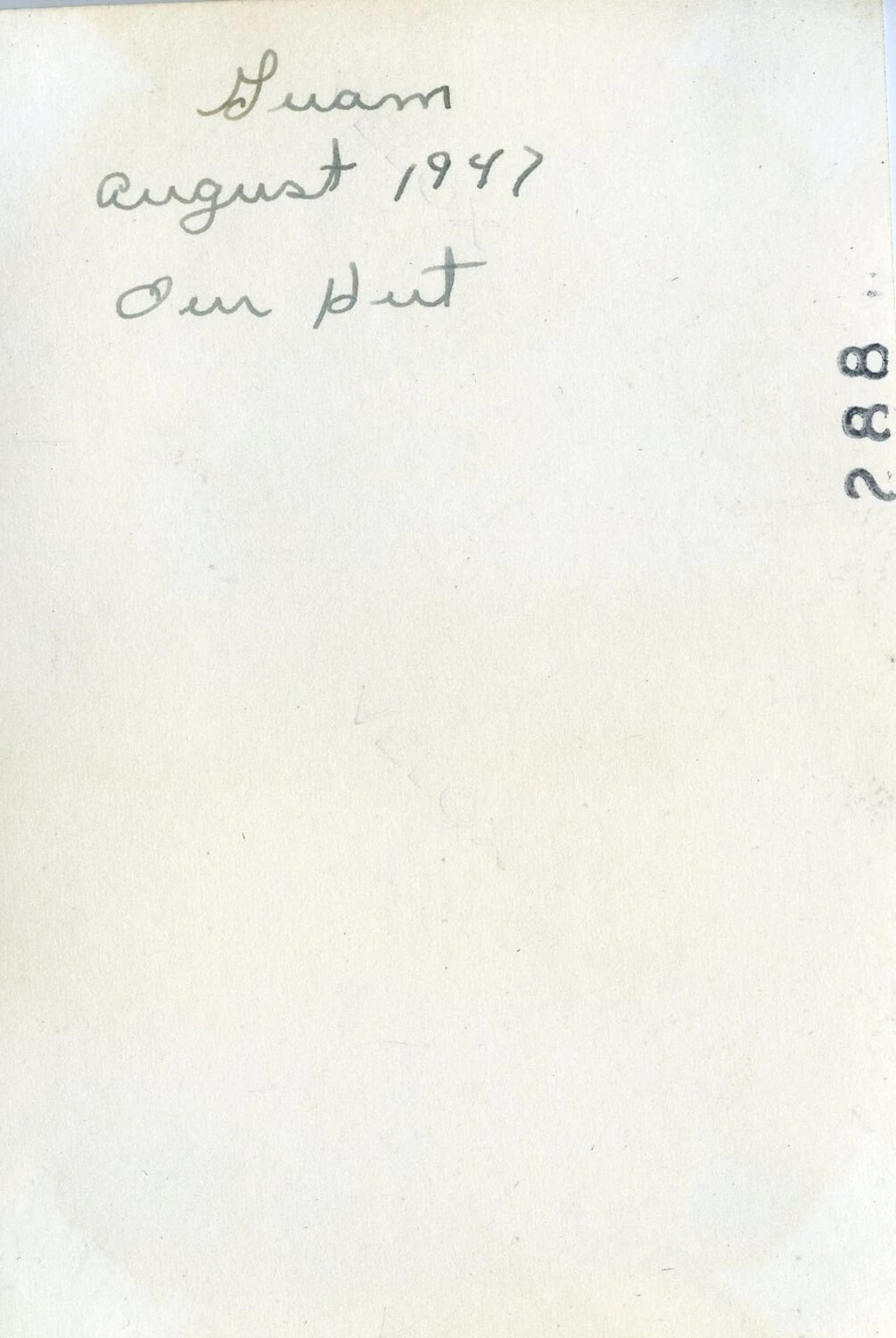 Handwritten Album Caption: 'Guam, August 1947, Our Hut'
