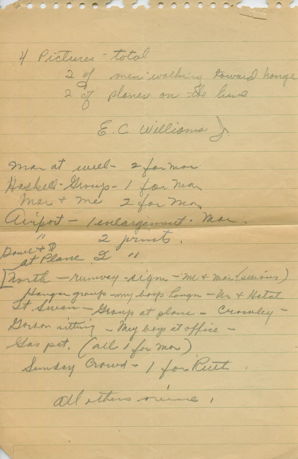 Handwritten Photo Distribution List, Navy V-5 Photo Album, Signed E.C. Williams Jr.