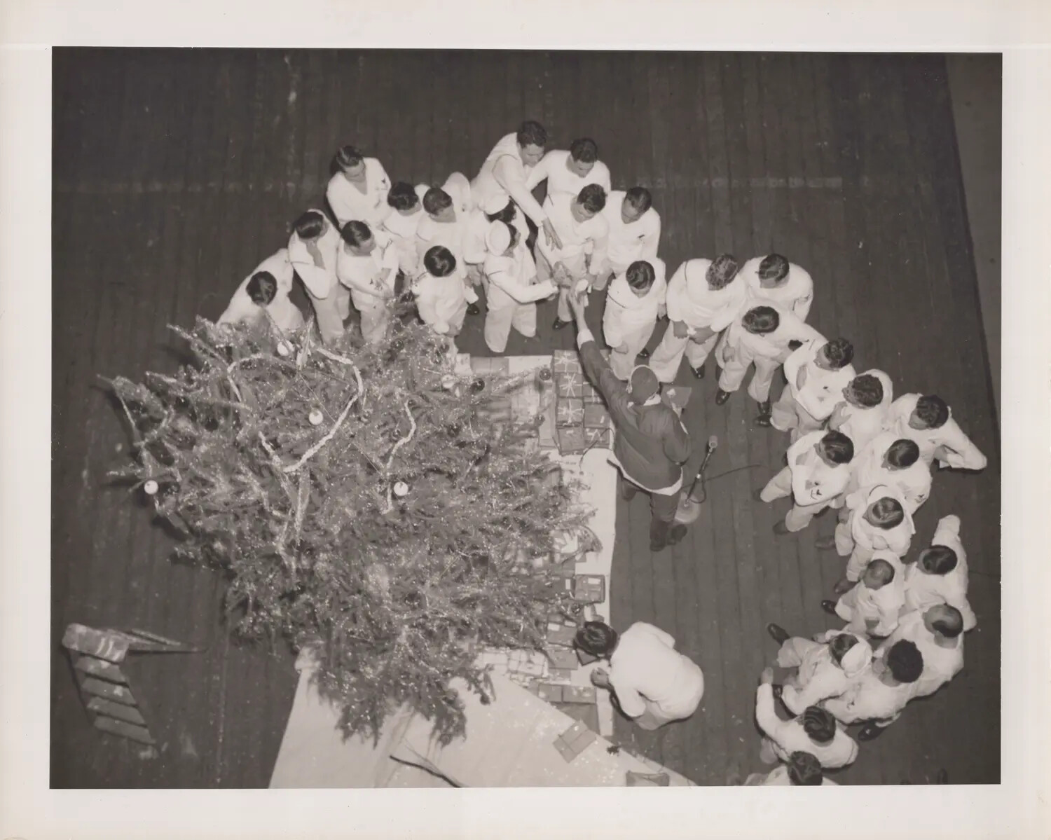 Shipboard Christmas Celebration with Santa Claus and Decorated Tree, WWII