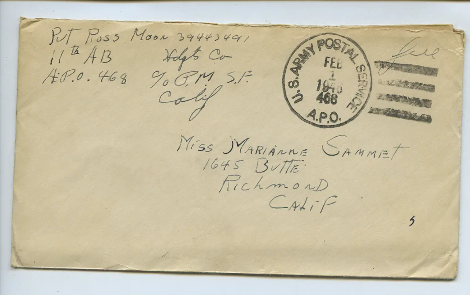 WWII Military Mail Envelope, Pvt. Ross Moon (11th Airborne Division, APO 468) to Miss Marianne Sammet, Richmond, California