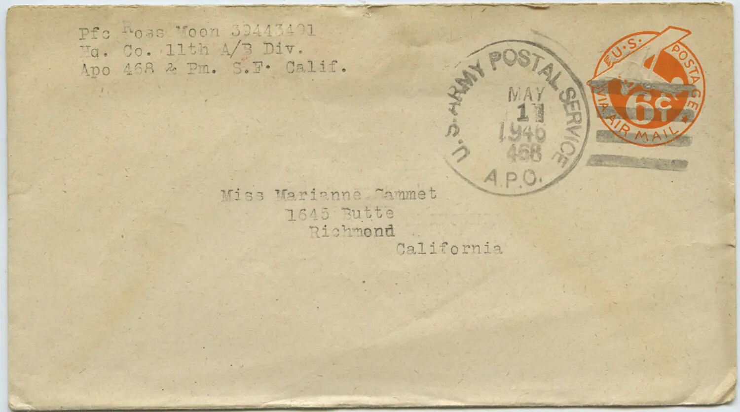 WWII/Occupation-Era Military Mail Envelope, Pfc Ross Moon, 11th Airborne Division, APO 468, 1946
