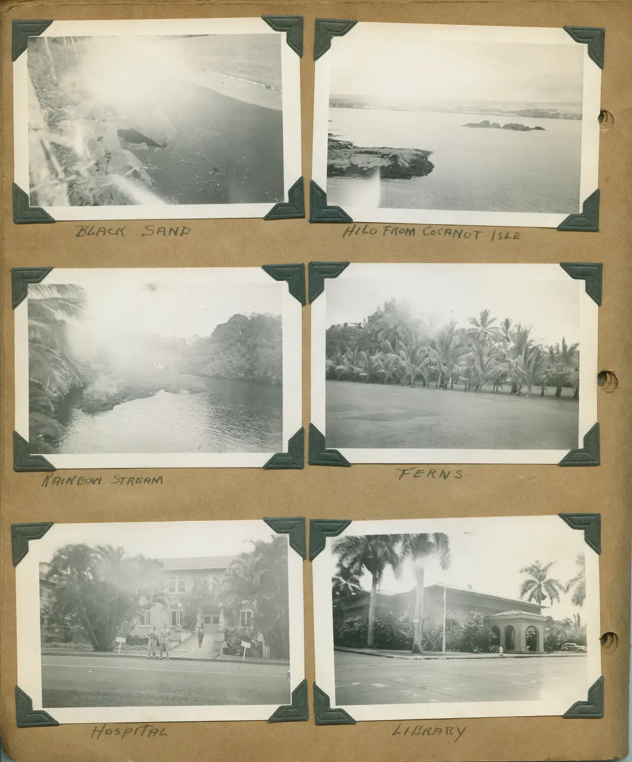 Album Page: Hilo, Hawaii Sightseeing Snapshots – Black Sand Beach, Coconut Island, Rainbow Stream, Ferns, Hospital, and Library