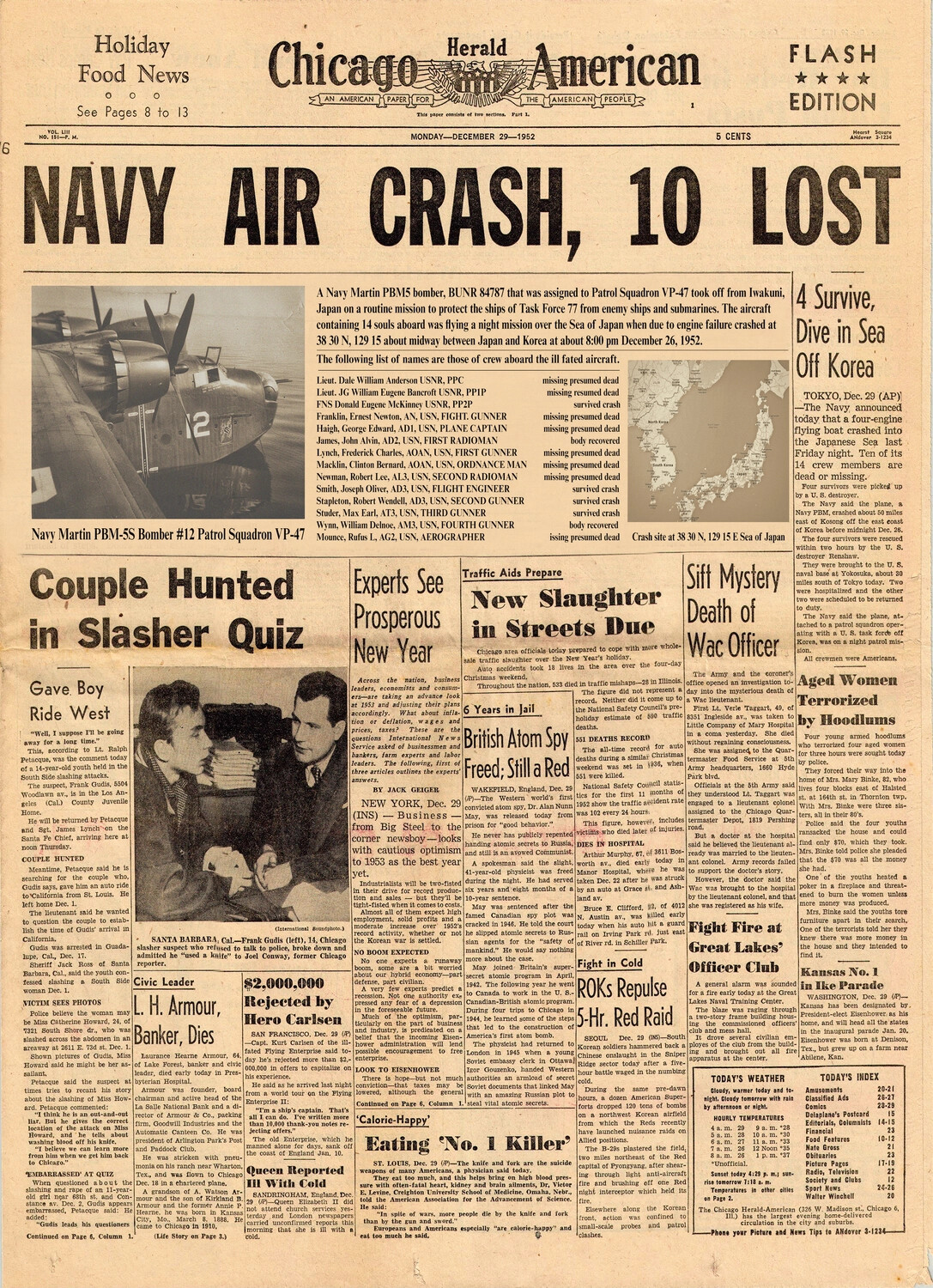 Chicago Herald American Front Page, 'Navy Air Crash, 10 Lost,' December 29, 1952 — Lt. (jg) William E. Bancroft, VP-47
