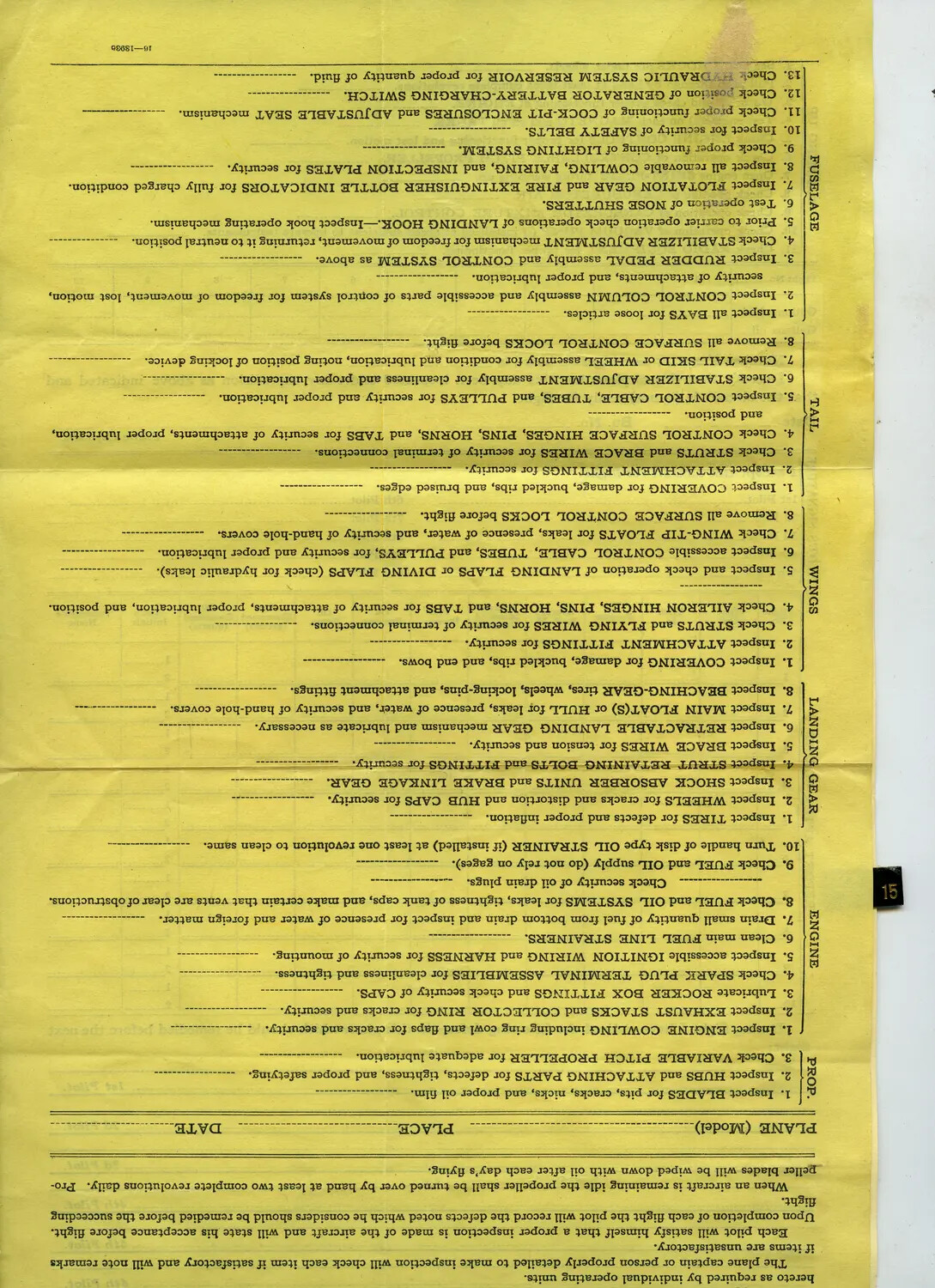 U.S. Navy Aircraft Daily Inspection Checklist Form (Pat McAleer Collection)