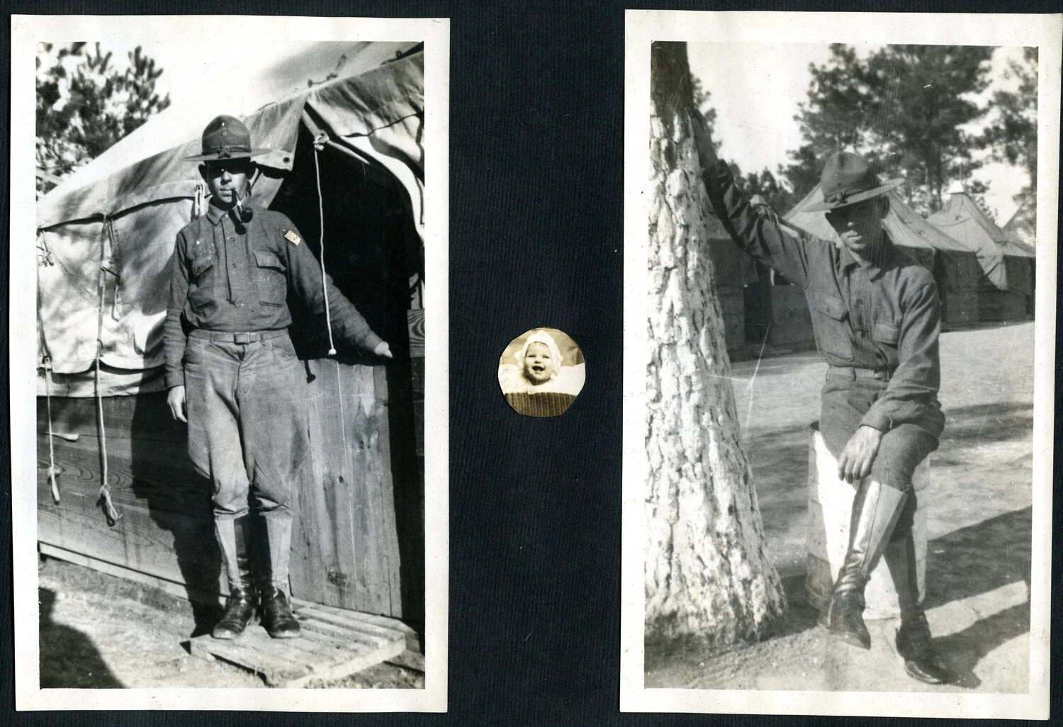 Album Page with Two Soldier Portraits and Infant Photograph, U.S. Army Training Camp, WWI Era