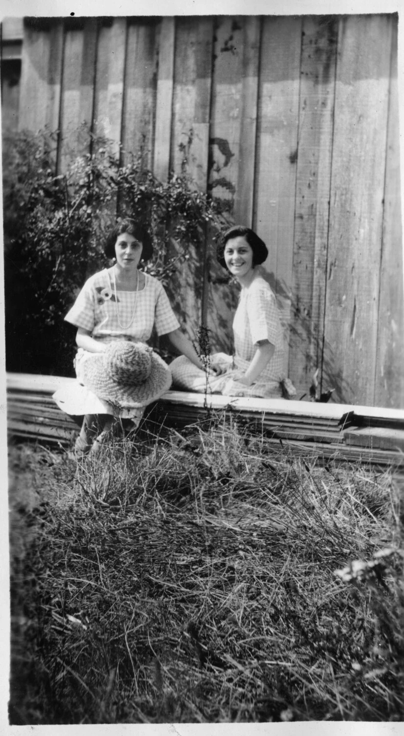 Two Women in Matching Checked Dresses Seated on a Fence Rail, Presidio Album, c. 1920s