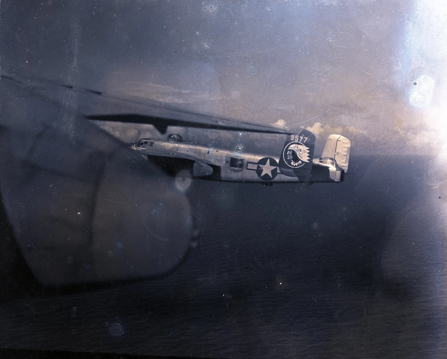 B-25 Mitchell in Flight with 345th Bombardment Group Insignia, Tail Number 9577, Pacific Theater, WWII