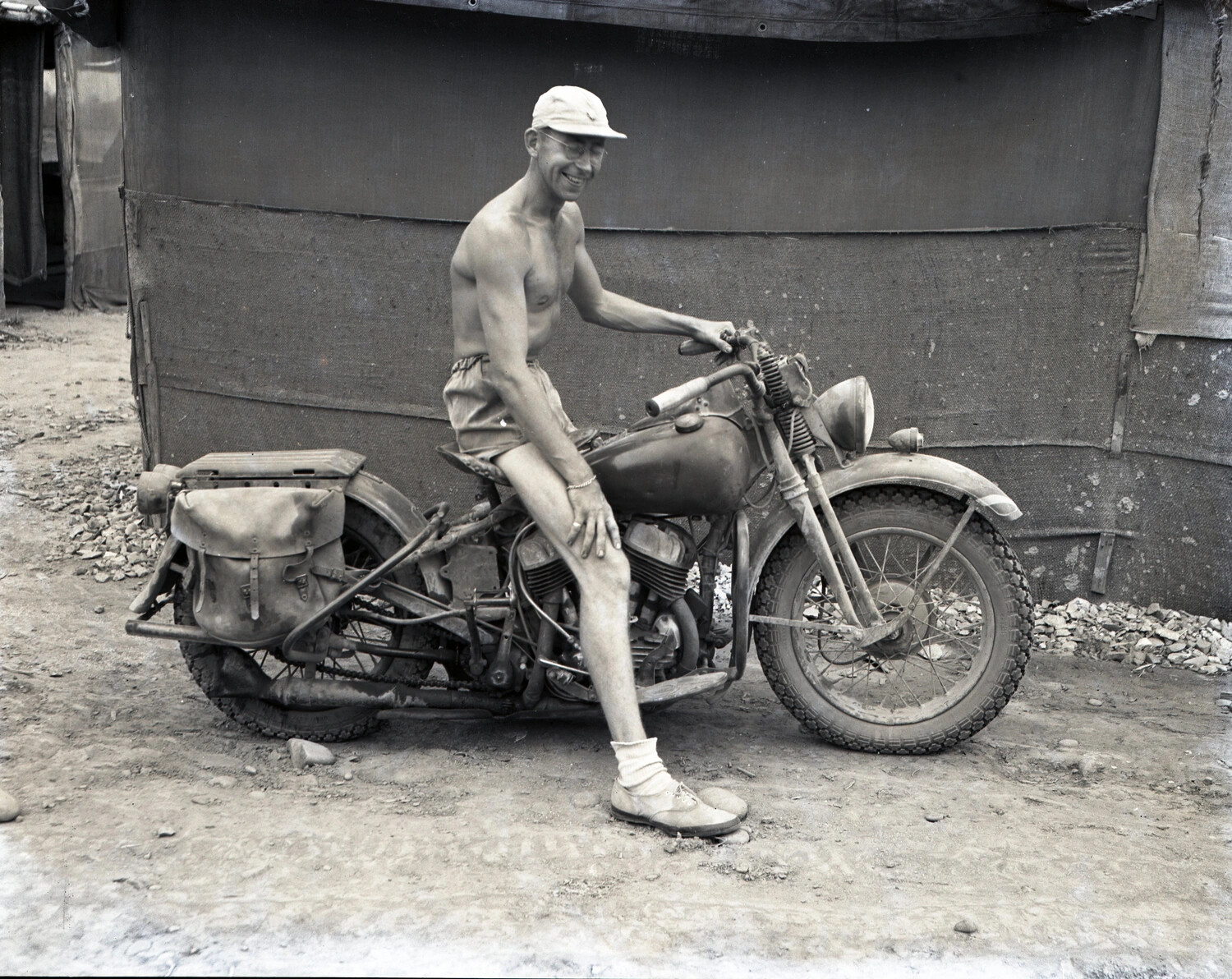Serviceman with Military Motorcycle at Camouflaged Encampment, Burma, WWII CBI Theater