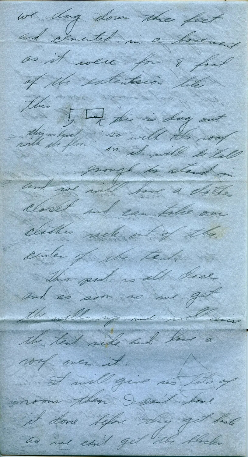 Handwritten Letter Page Describing Tent Quarters Construction, Margaroli Collection, WWII B-24 Belly Gunner Correspondence, 1944