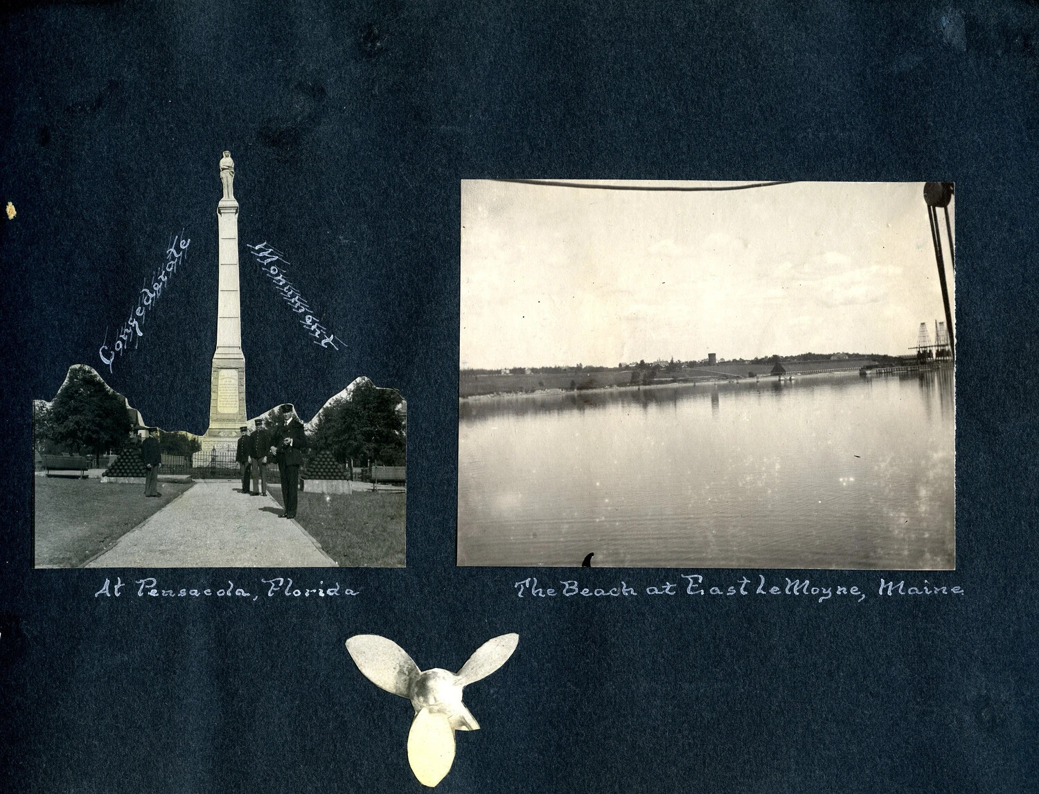 Album Page: Confederate Monument, Pensacola, Florida, and the Beach at East LeMoyne, Maine, with Ship's Screw Memento (USS Columbia Album, c. 1900s)