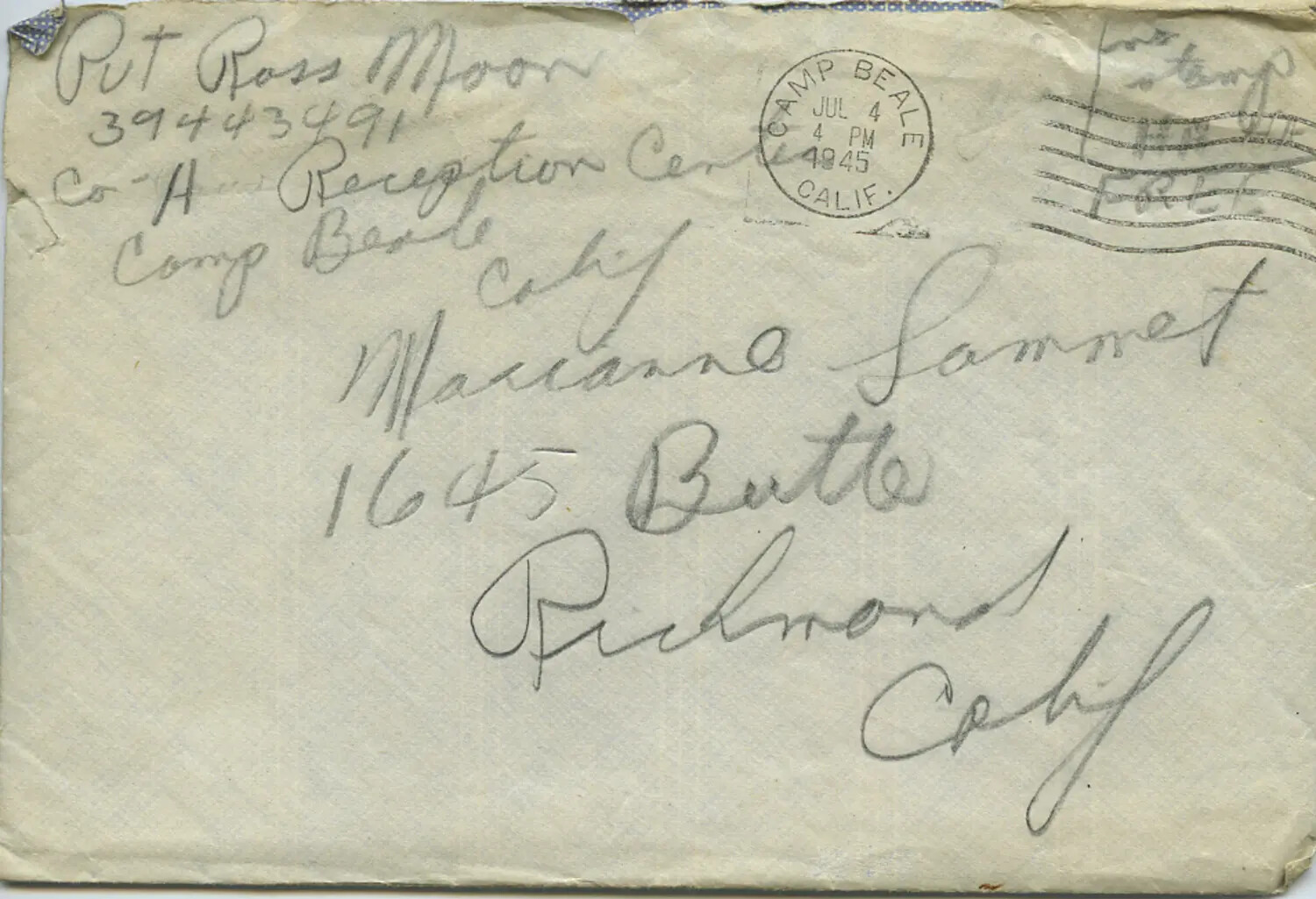 WWII Free-Franked Envelope, Pvt. Ross Moon, Camp Beale, California to Marianne Sammet, Richmond, California, July 4, 1945