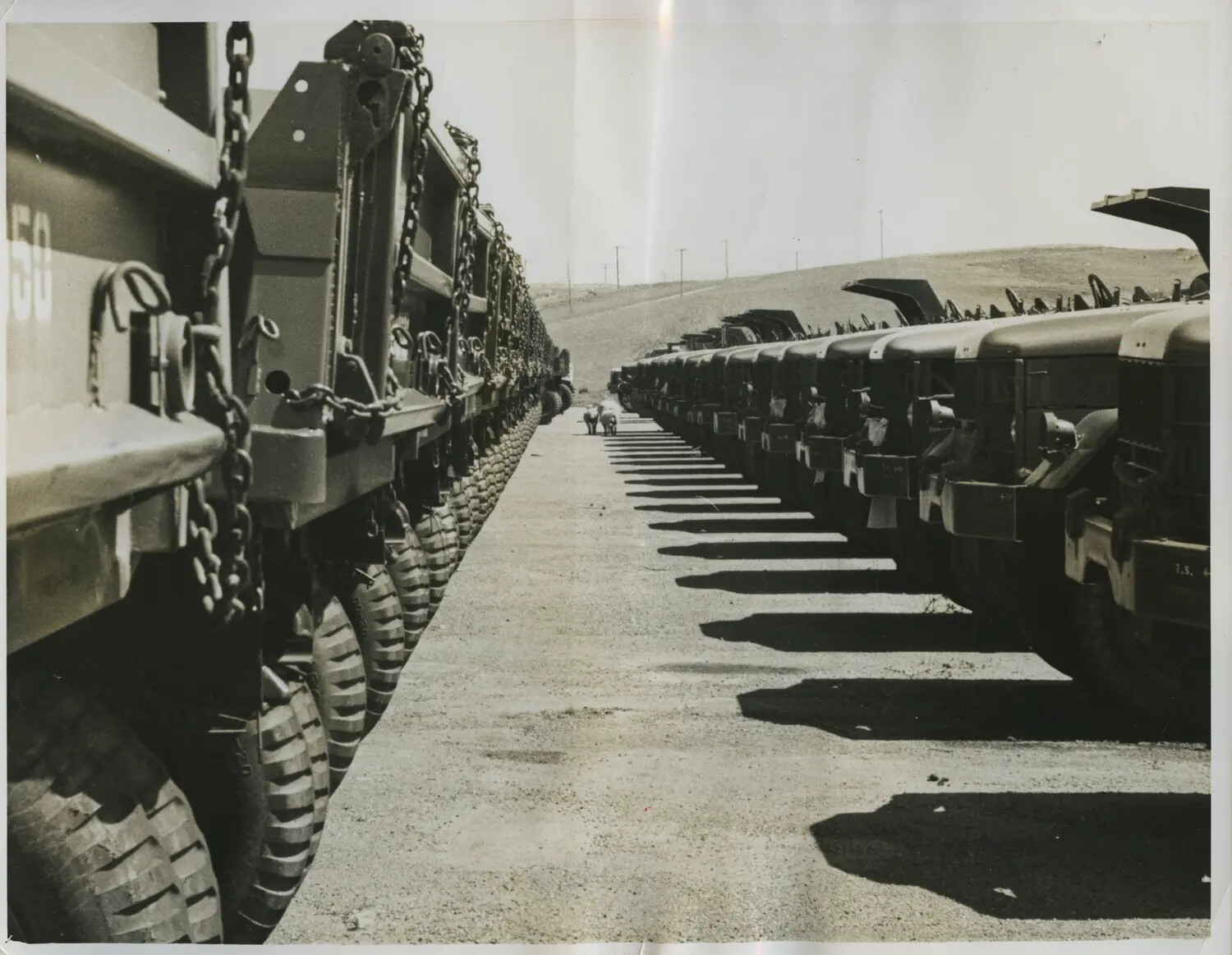 Rows of U.S. Army 6x6 Cargo Trucks in Storage at a Military Motor Pool