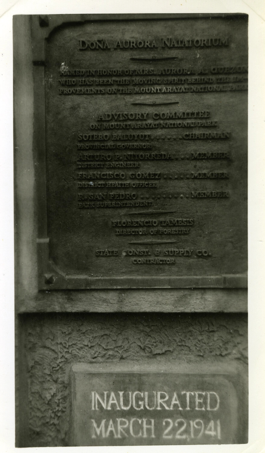 Dedication Plaque, Doña Aurora Natatorium, Mount Arayat National Park, Philippines - Inaugurated March 22, 1941