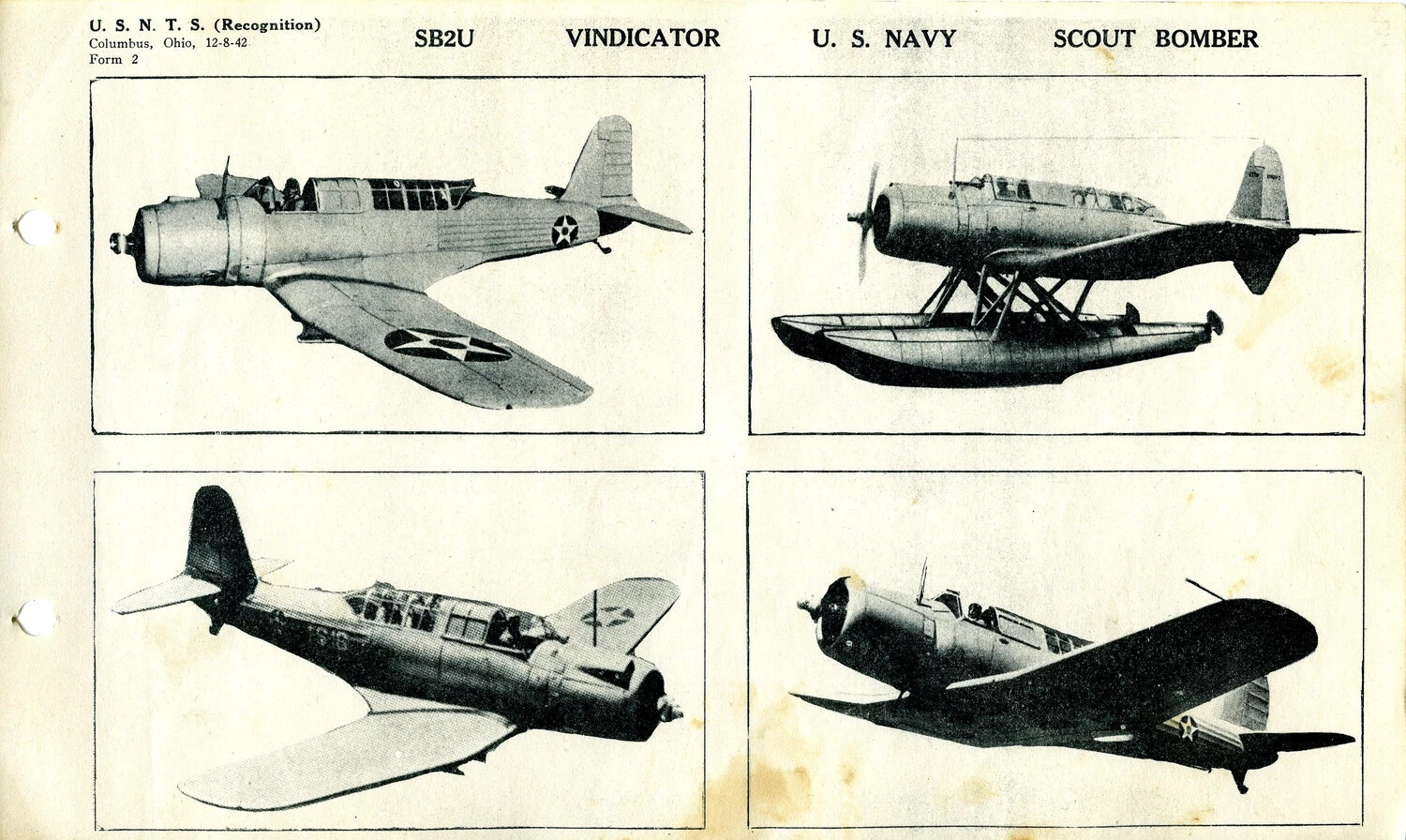 U.S.N.T.S. Aircraft Recognition Card: SB2U Vindicator Scout Bomber (Form 2, Columbus, Ohio, 12-8-42)