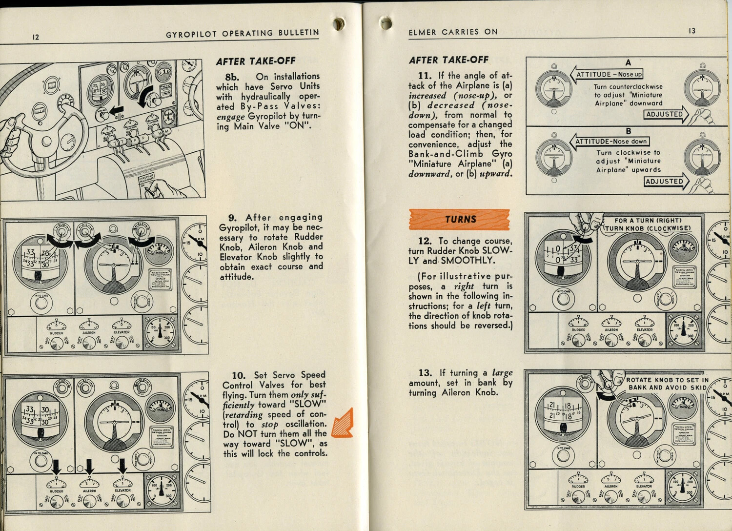Gyropilot Operating Bulletin / 'Elmer Carries On' - Autopilot Training Manual Pages 12-13 (Lt. Bancroft Printed Materials Collection)