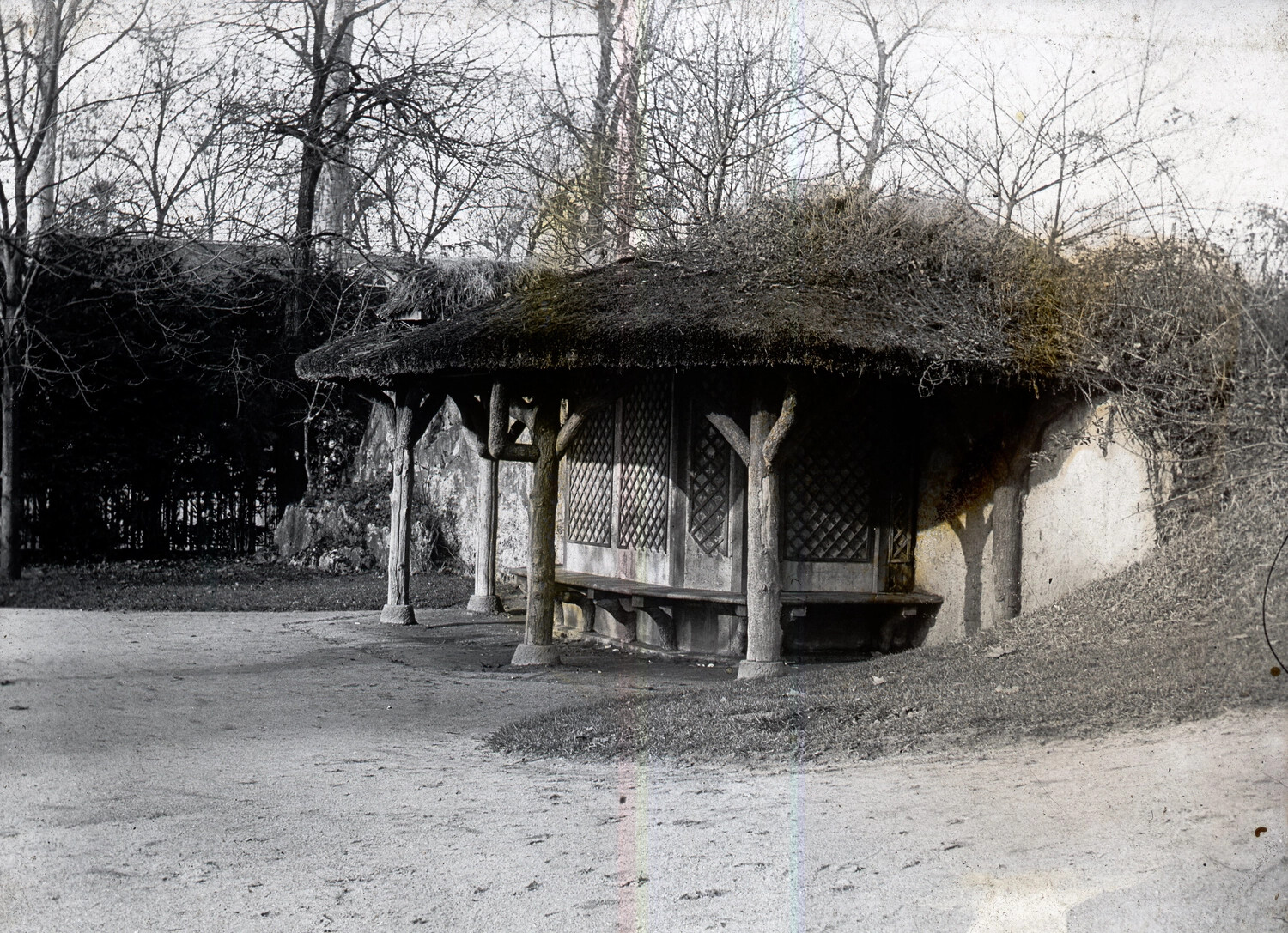 Rustic Thatched Garden Pavilion in a French Park, WWI Era