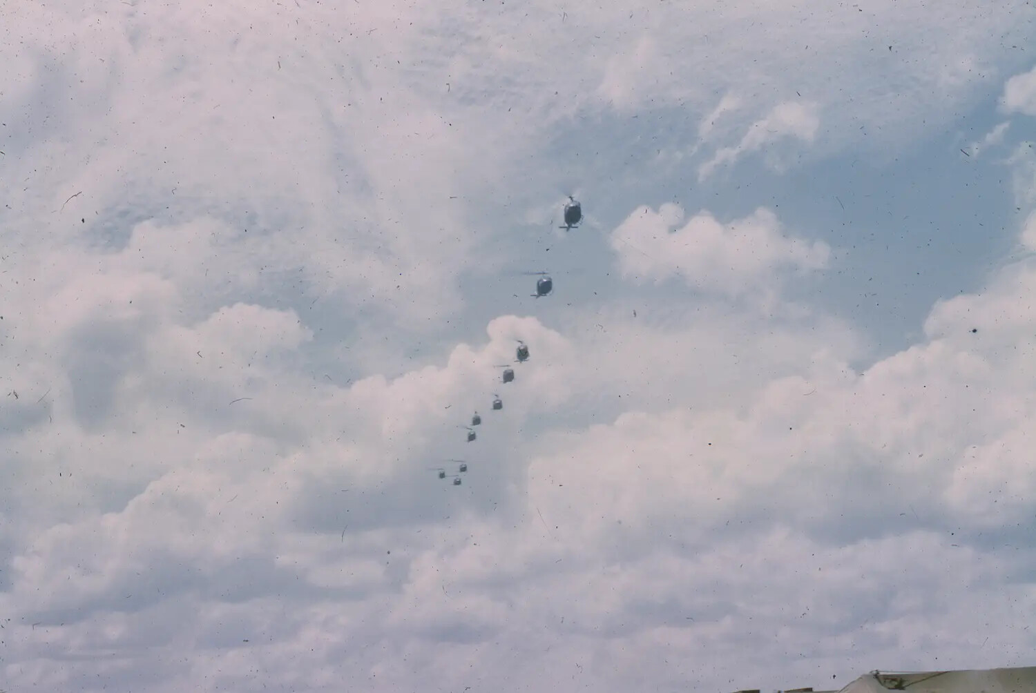 Formation of UH-1 'Huey' Helicopters in Flight, South Vietnam, 1965