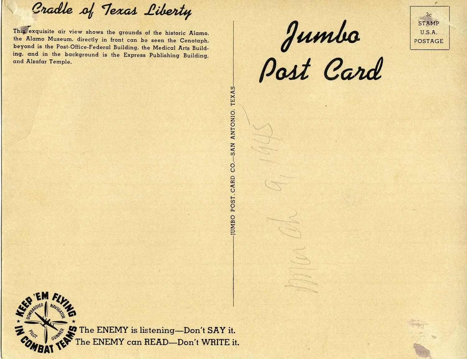 Reverse Side of WWII-Era 'Jumbo Post Card' Depicting the Alamo, San Antonio, Texas, 1945