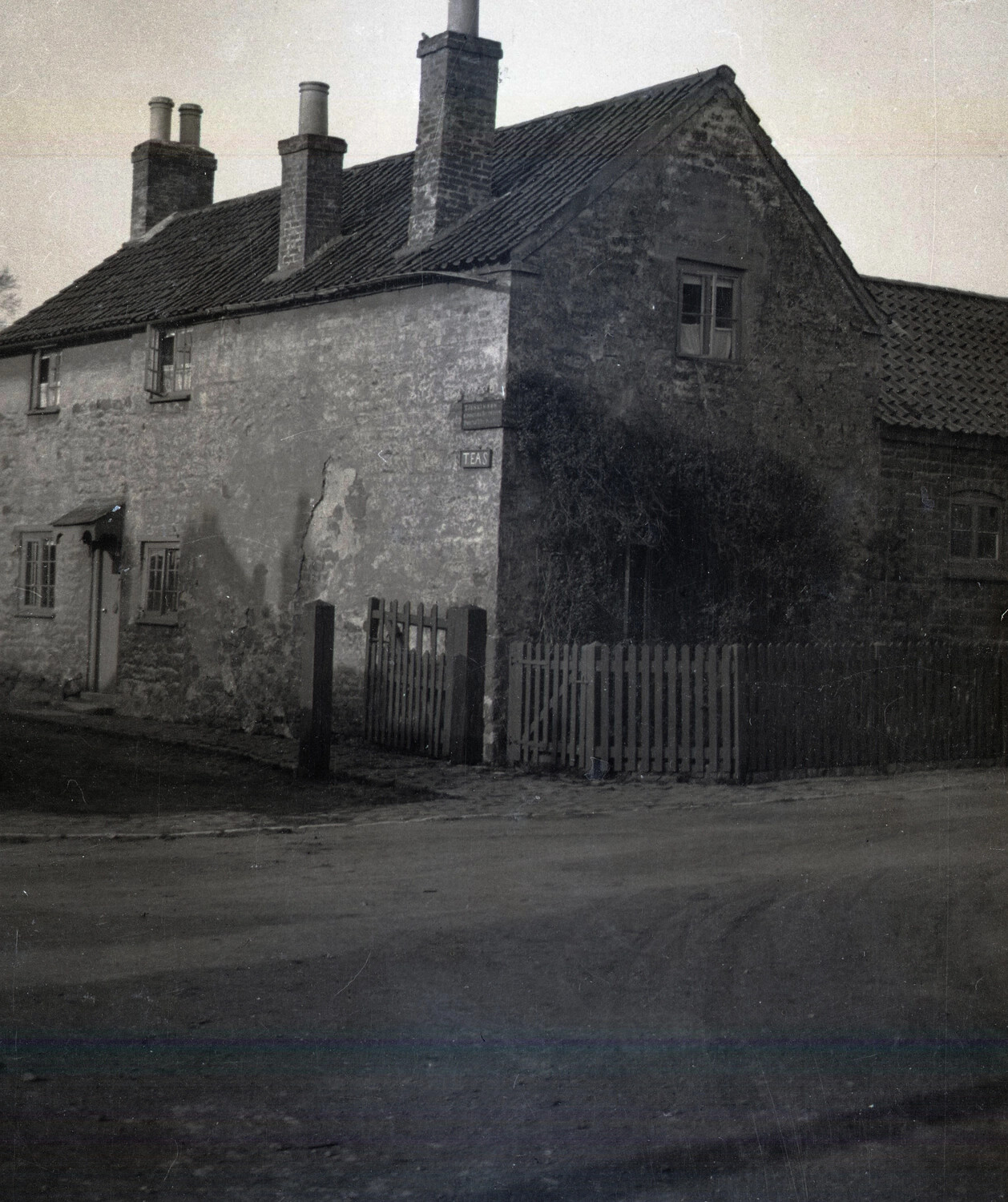 Rural Cottage with 'Teas' Sign — English Village Scene, WWI-era Negative