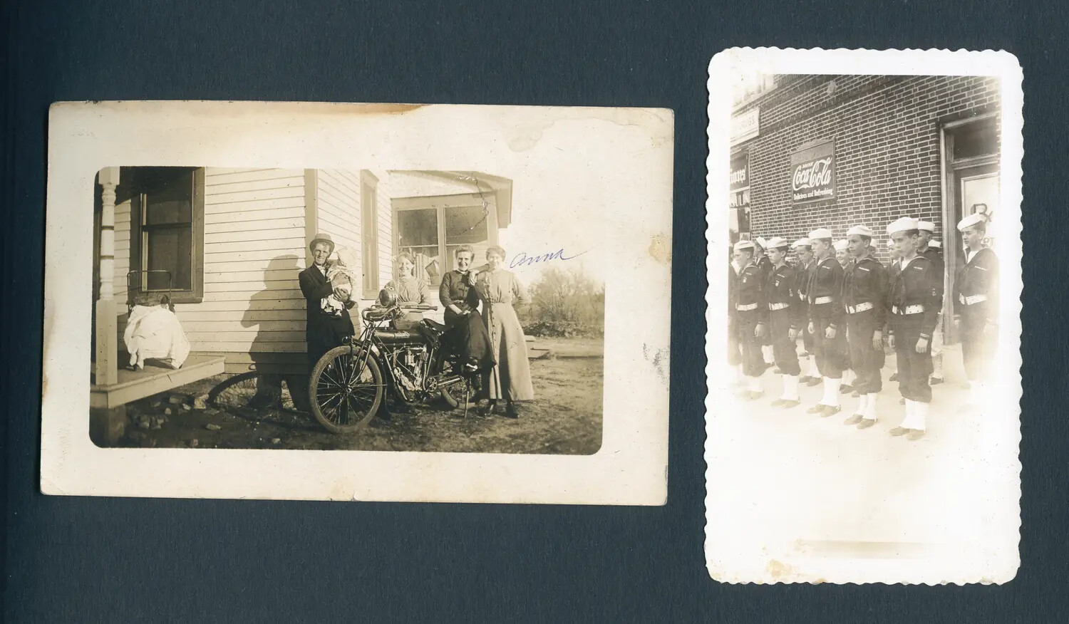Album Page with Two Mounted Photographs: Early 1900s Family Portrait with Motorcycle and WWII-Era Navy Sailors Formation