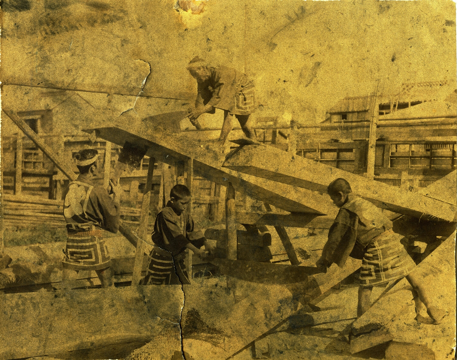 Japanese Laborers Constructing a Wooden Boat Frame, Coastal Village Setting (Altered/Enhanced Scan)