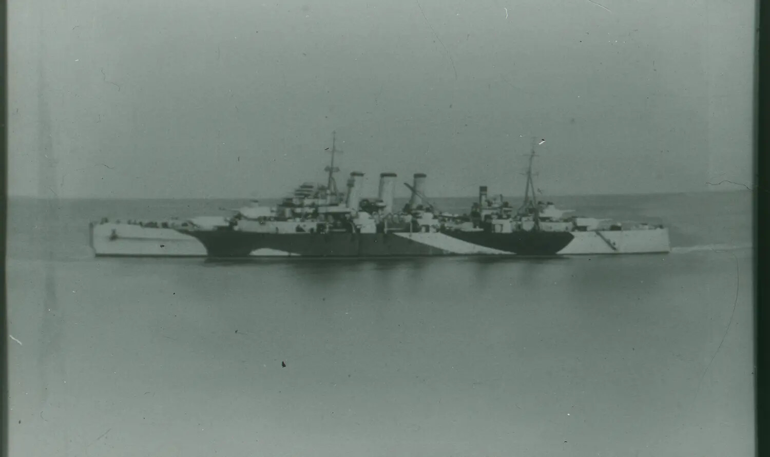 Four-Funneled Light Cruiser in Dazzle Camouflage, WWII-Era 35mm Negative